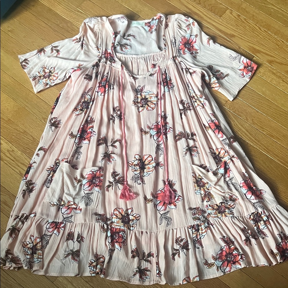 altar’d state floral short sleeve mini dress with tassels and front pockets